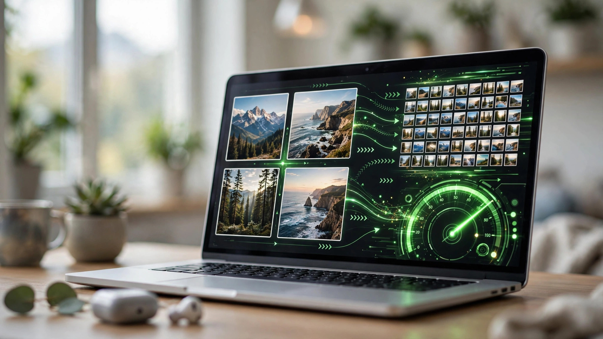 Laptop showing image thumbnails shrinking with a speed gauge