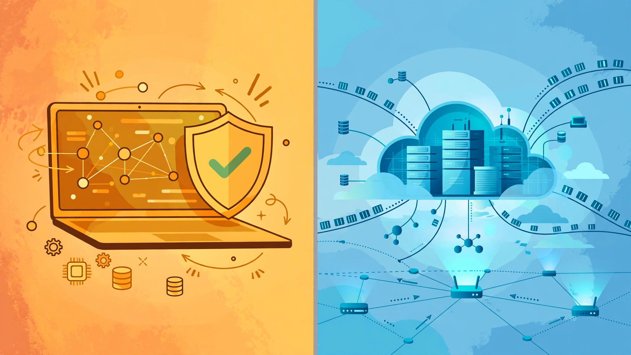 Split illustration comparing local laptop processing with cloud servers