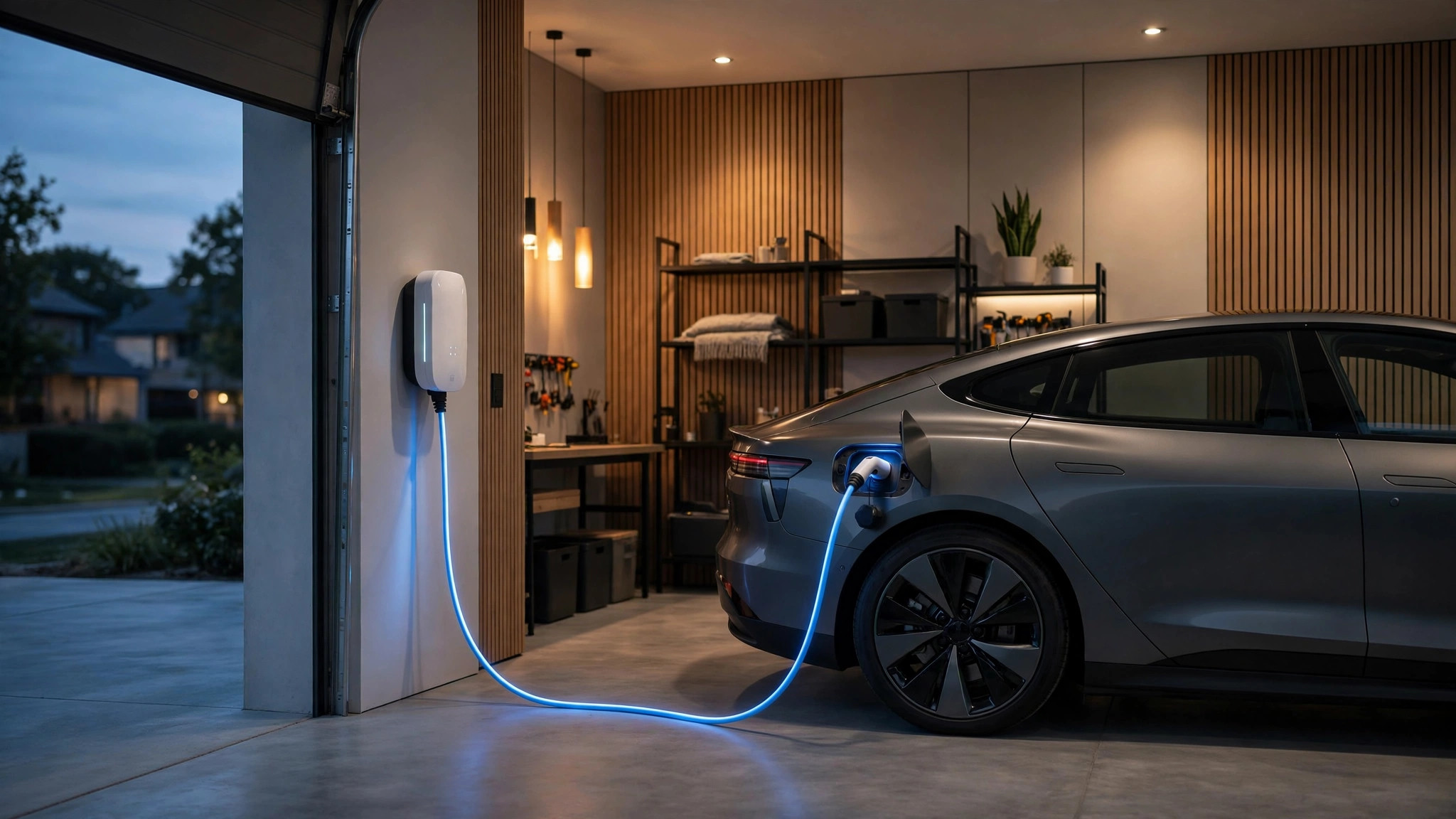 Electric car charging at a home wall charger in a residential garage at dusk