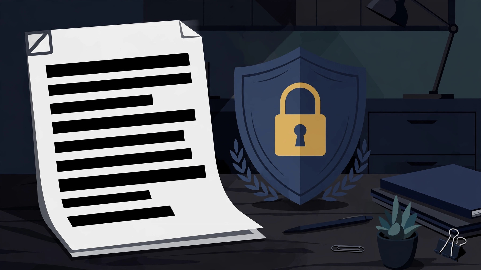 A PDF contract page on a laptop screen with black redaction bars covering sensitive text