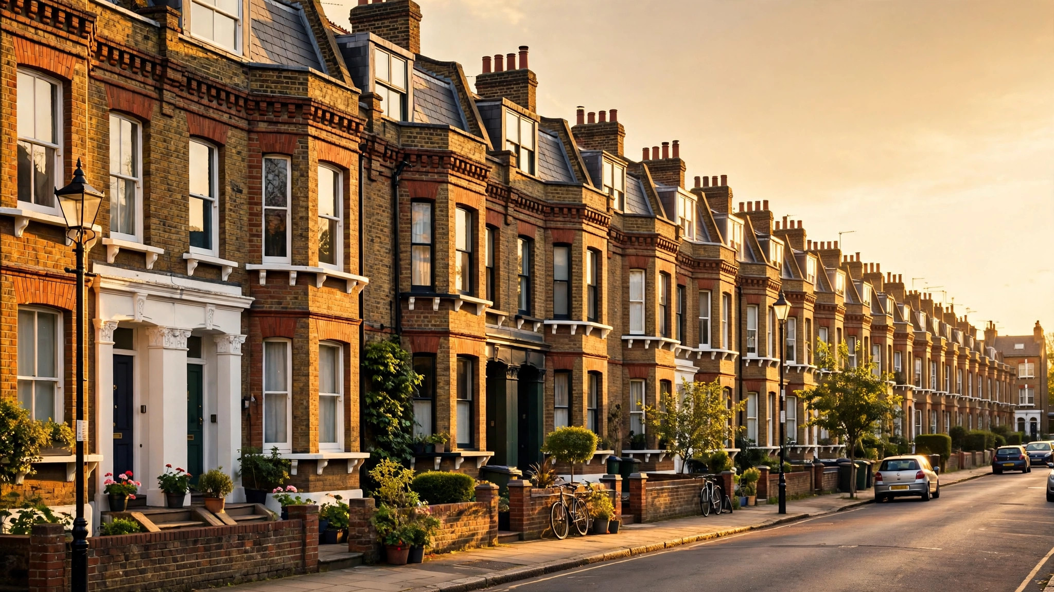 Classic British terraced houses on a London street at golden hour