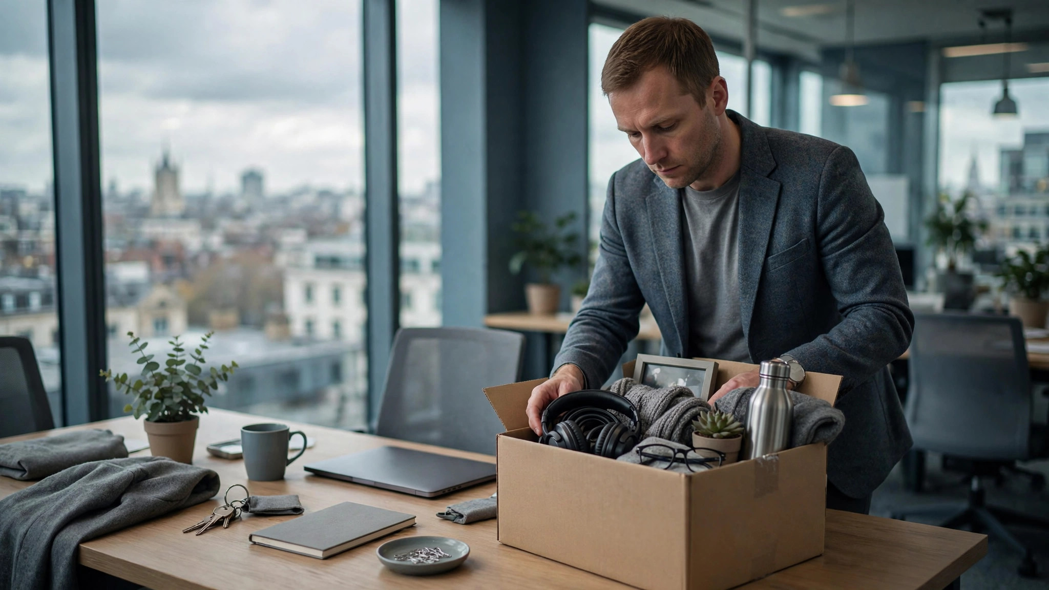 Office worker packing belongings into a box during redundancy
