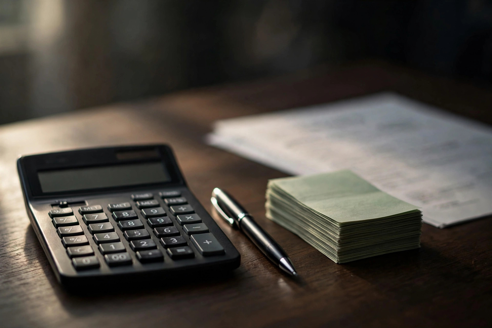 Calculator, pen and dollar bills beside tax paperwork